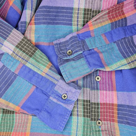90s Mens Medium Thin Flannel Plaid Button Up Shirt Blue Pink Preppy Soft Classic - Picture 6 of 10